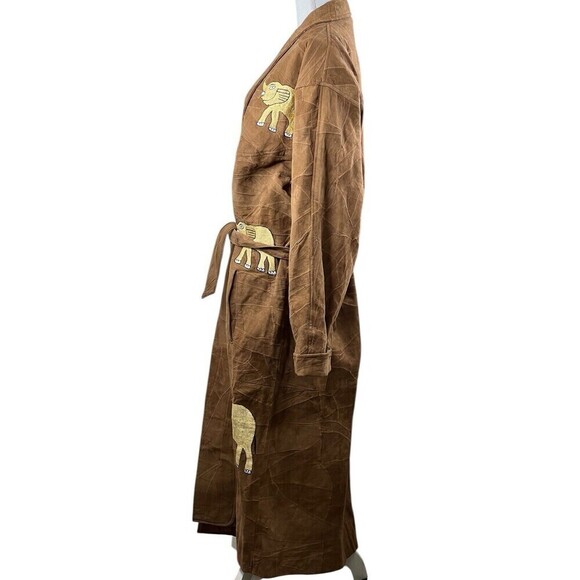 The African Star Long Suede Leather Coat Belted Embroidered Elephants XL Vintage - Picture 8 of 16